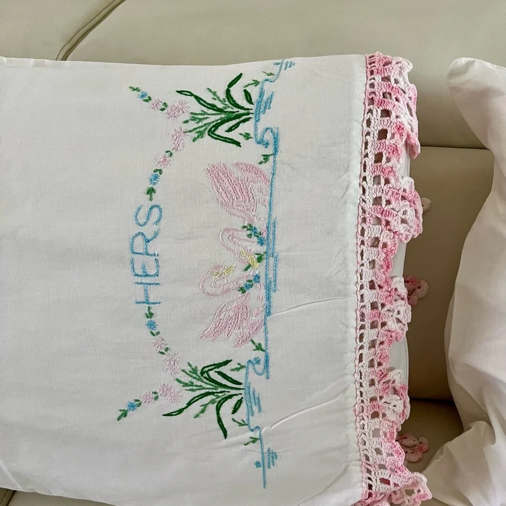 Embroidered White Pillow with Pink Accents 20/25 inches